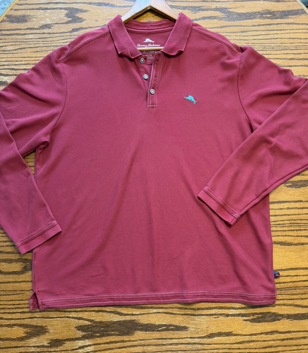 Tommy Bahama Men's XL Long Sleeve Polo Shirt Burgundy Supima Cotton